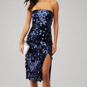 Amanda Uprichard Armelle Dress in Ink Navy Blue Sequin Strapless Midi Sz Medium
